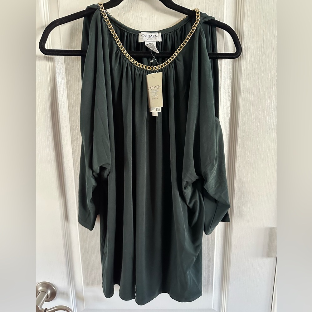 NWT Carmen Marc Valvo Rich Hunter Green Gold Chain Detail